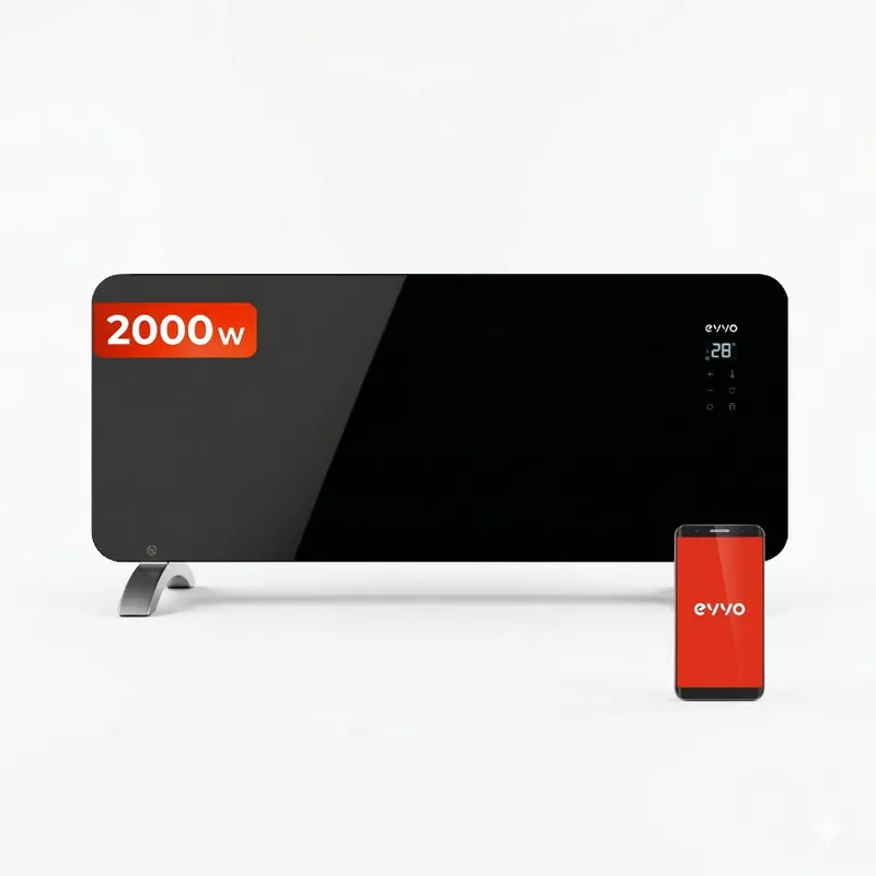 Radiador eléctrico EVVO C2000 Cristal, WiFi, 2.000 W, pantalla táctil, mando, temporizador, soporte de pie, silencioso - Electrodomésticos
