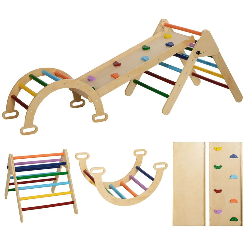 AIYAPLAY 5 en 1 Triángulo de Escalada Montessori con Arco y Rampa, Escalada para Niños de Madera Plegable, para 18-48 Meses, para Deslizarse o Escalar, 178x64,5 cm, Multicolor