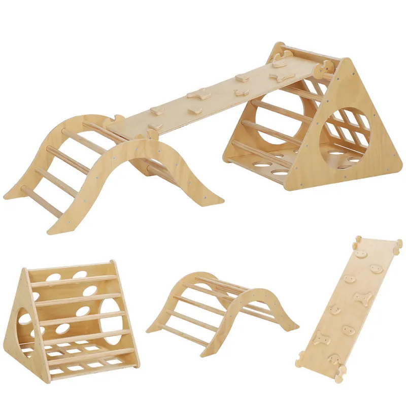 AIYAPLAY 8 en 1 Triángulo de Escalada Montessori con Arco y Rampa Escalada para Niños de Madera de 18-48 Meses con Bolsa de Arena 175x59,5 cm Natural