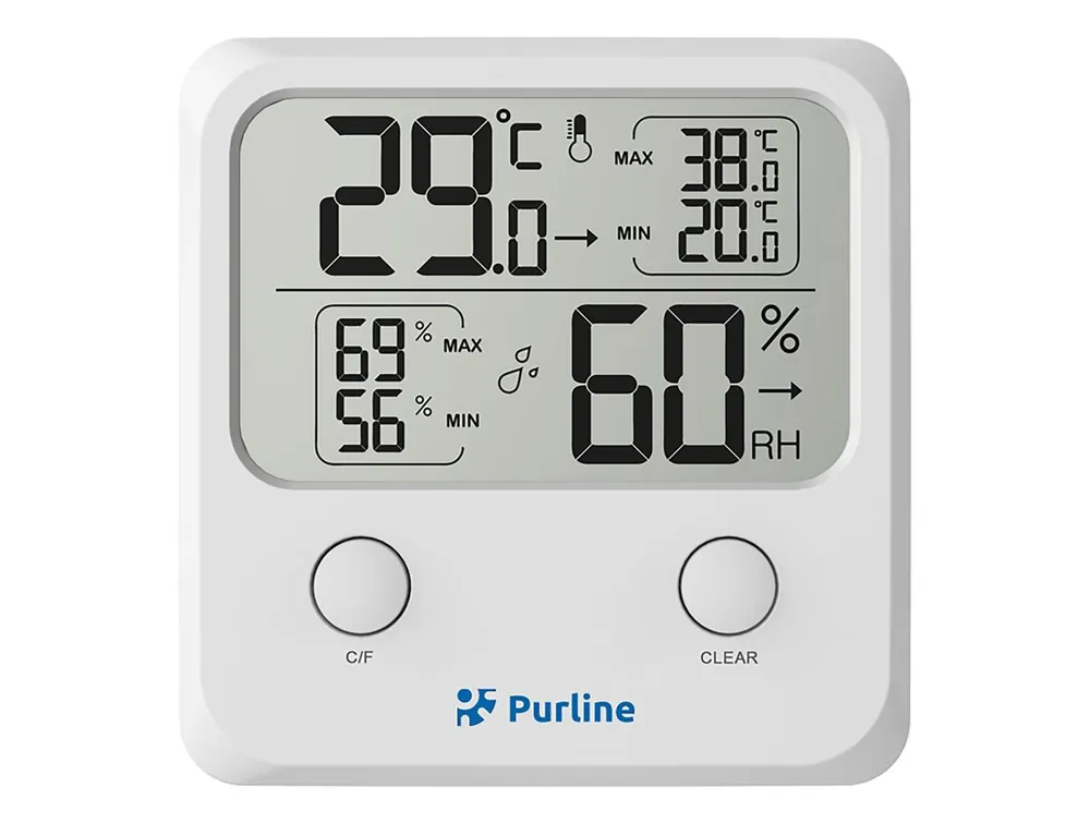 Estación meteorológica multi función que proporciona información sobre la humedad. contaminación y calidad del aire ambiente. Tiene pantalla LCD con iconos animados y funciona mediante pilas. - Jardín
