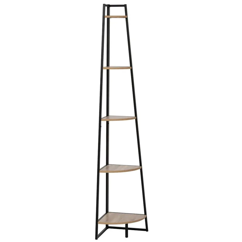Estantería Esquinera Aliaj 5 Estantes Metal Estilo Industrial Color Negro y Roble Claro 180x35x35 cm - Muebles