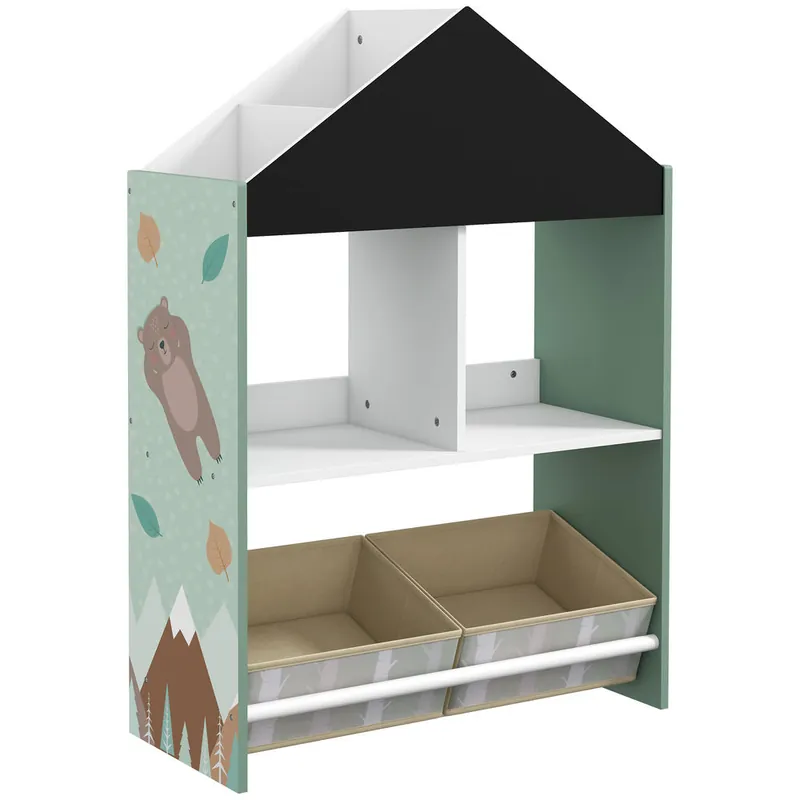 ZONEKIZ Estantería para Juguetes Organizador Infantil con Pizarra Pintable Estantes Abiertos y 2 Cajas de Tela no Tejida Extraíbles para Sala de Juegos Habitación Guardería 62,4x26,5x90 cm Verde - Bebé