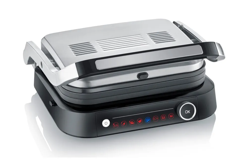 SEVERIN - Parrilla eléctrica y grill de contacto sobremesa, con 7 programas automáticos, plancha sandwichera antiadherente, parrilla de mesa con bandeja recogegrasas, Negro / Plateado, 1800 W, KG 2395