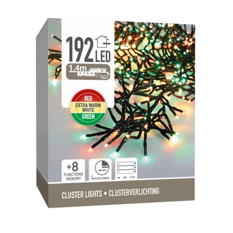 Well Home Guirnalda de 192 Luces LED Rojo, Verde y Blanco cálido con 8 Funciones y temporizador - 1,4 metros