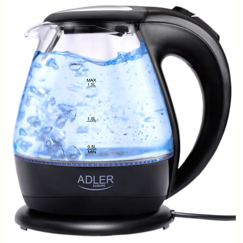 Adler AD 1224 Hervidor Agua Eléctrico 1,5 Litros Jarra Cristal Inalámbrica Retroiluminada, Apagado Automático, 2200, Negro - Electrodomésticos