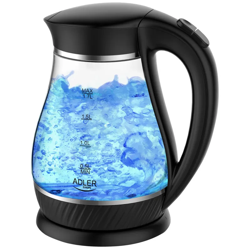 Adler AD1274B Hervidor Agua Eléctrico 1,7 Litros Jarra Cristal Inalámbrica Retroiluminada, Apagado Automático, 2200, Negro - Electrodomésticos