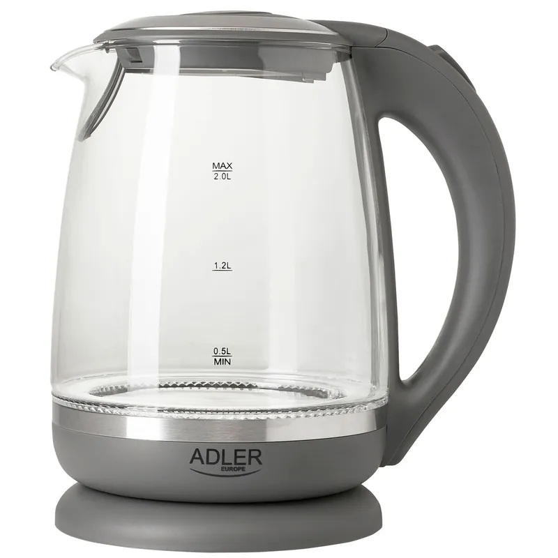 Adler AD1286 Hervidor Agua Eléctrico 2,0 Litros Jarra Cristal Inalámbrica Retroiluminada, Apagado Automático, 2200, Gris - Electrodomésticos