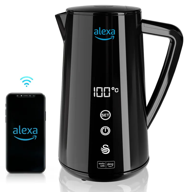 SWAN SK14650BLKNEU Alexa Hervidor Agua Eléctrico Inteligente WIFI Smart Kettle 1,5L Inalámbrico Control Táctil LED, 1800, Negro - Electrodomésticos
