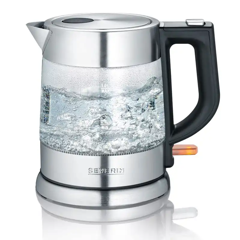 SEVERIN - Hervidor de agua eléctrico de 1 litro, jarra eléctrica con filtro antical, hervidor de cristal potente con base de 360° con conexión inalámbrica, acero inoxidable cepillado, 2200 V, WK 3468