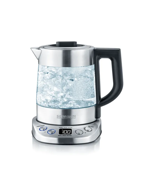 SEVERIN - Tetera y hervidor de agua Deluxe Mini, tetera eléctrica de cristal para hasta 1,0 L, tetera pequeña con temperatura ajustable, color acero cepillado/negro, WK 3473