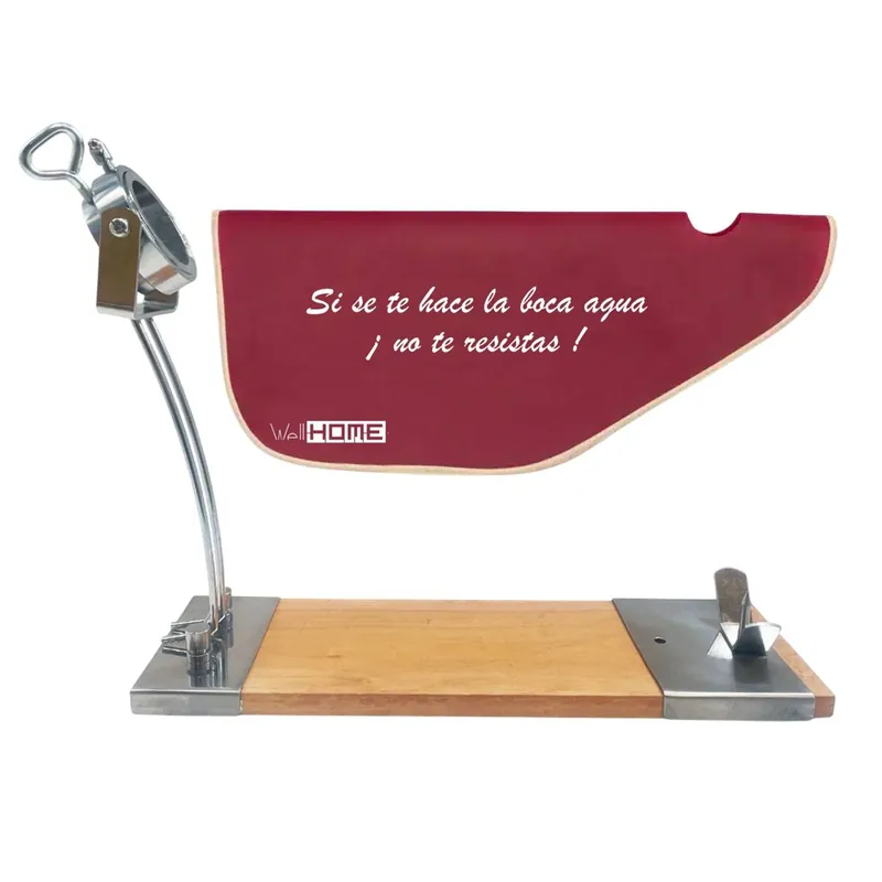 Well Home Jamonero IBERIA Luxe cabezal giratorio, en madera y acero inoxidable + Funda para Jamón 'Tiberic' Burdeos - Cocina