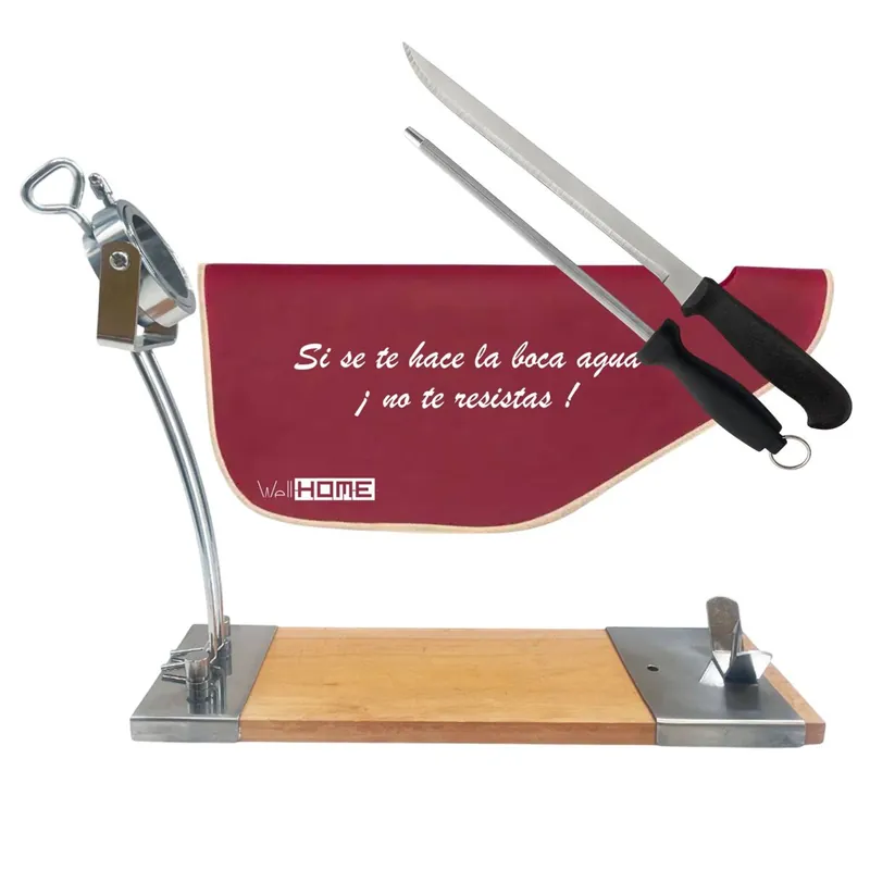 Well Home Jamonero IBERIA Luxe en madera y acero inox + Set de cuchillo jamonero (25cm) y Chaira (21cm) + Funda para Jamón 'Tiberic' Burdeos - Cocina