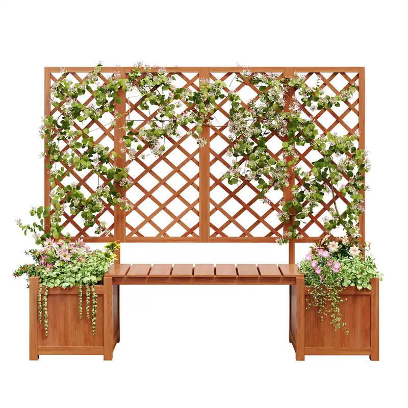 Jardinera de madera maciza con enrejados para plantas y asiento,marrón - Jardín