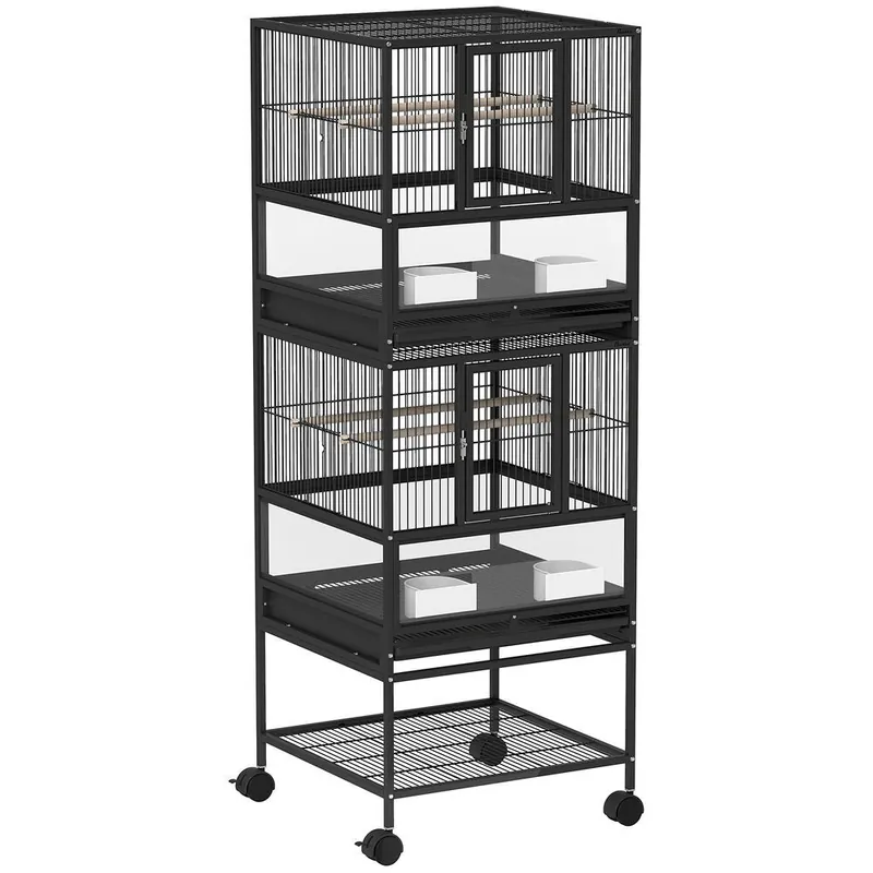 Pawhut Jaula para Pájaros Jaula Grande de 2 Niveles con Ruedas Paneles Acrílicos Comederos Perchas Estante Bandejas Extraíbles Pajarera para Loros Canarios 48x46x134,5 cm Negro - Jardín