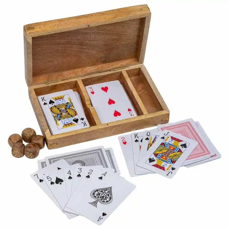 Juego 2 en 1 (cartas+dados) en caja de madera marrón 19.5x12x4 - Decoración