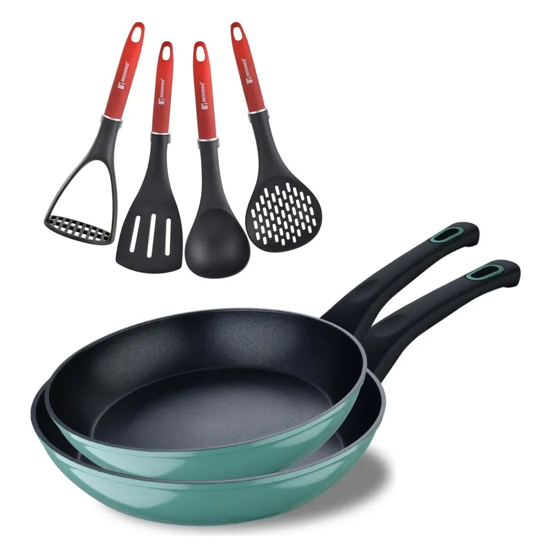 Juego de 2 Sartenes Ø20Ø26cm CLASSIQUE en aluminio forjado antiadherentes + Utensilios de cocina rojos Bergner