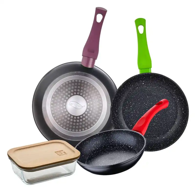 Juego de 3 sartenes San Ignacio 18/22/26 cm+Hermético de 650ml en vidrio de borosilicato - Cocina