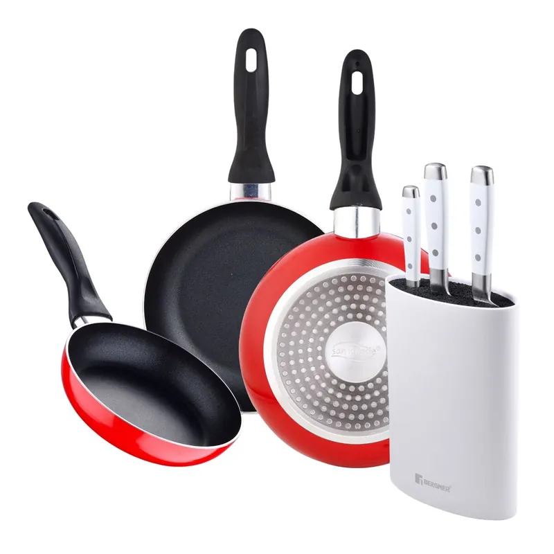 Juego de 3 sartenes San Ignacio 16/20/24 cm +Juego de 3 Cuchillos de acero inoxidable + Tacoma en color Blanco - Cocina