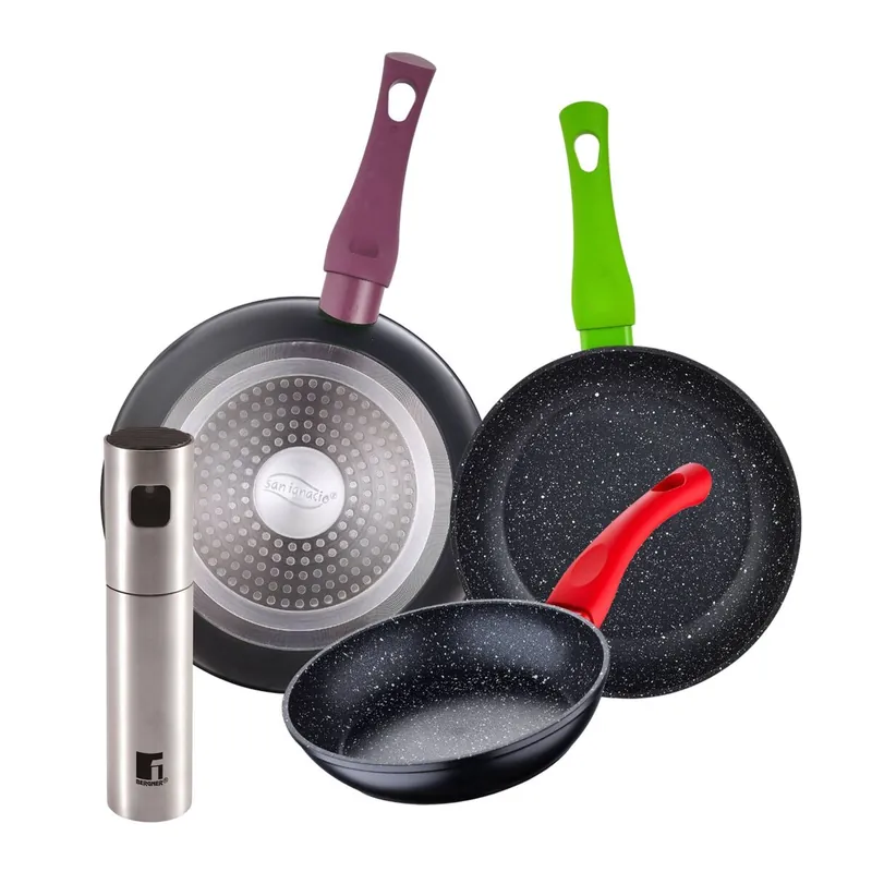 Juego de 3 sartenes San Ignacio 18/22/26 cm+Pulverizador de Aceite y vinagre Ø4x17,5cm en acero inoxidable - Cocina