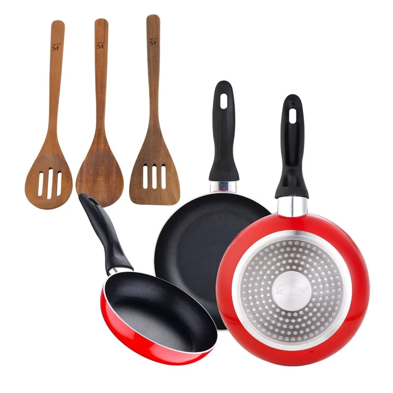 Juego de 3 sartenes San Ignacio 16/20/24 cm +Set 3pc utensilios cocina madera acacia