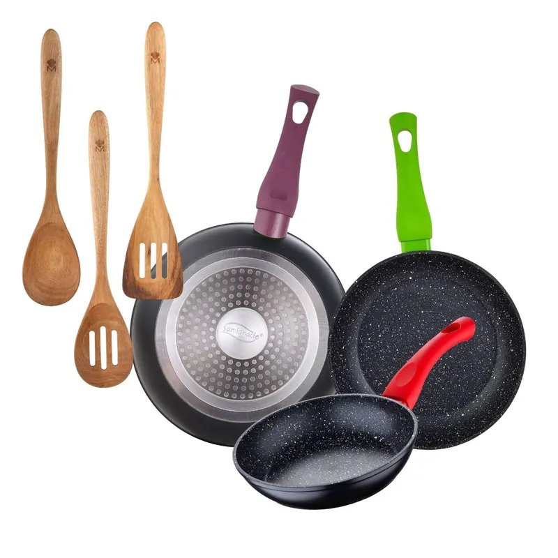 Juego de 3 sartenes San Ignacio 18/22/26 cm+Set 3pcs utensilios de cocina acacia