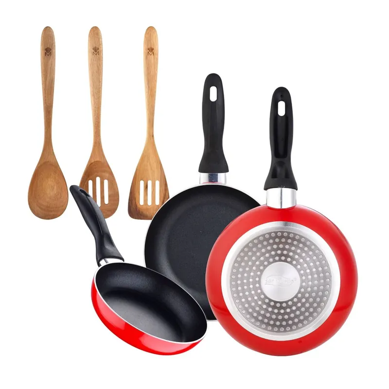 Juego de 3 sartenes San Ignacio 16/20/24 cm +Set 3pcs utensilios de cocina acacia