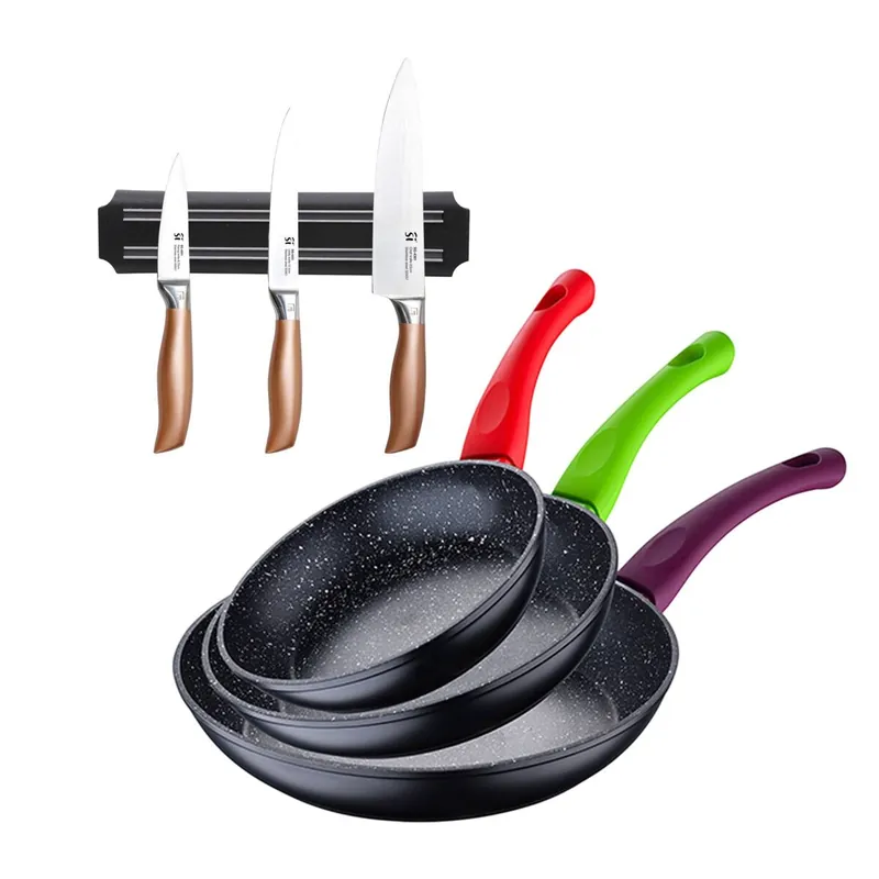 Juego de 3 sartenes San Ignacio 18/22/26 cm+Set de 3 Cuchillos en acero inoxidable con Soporte magnético de pared - Cocina