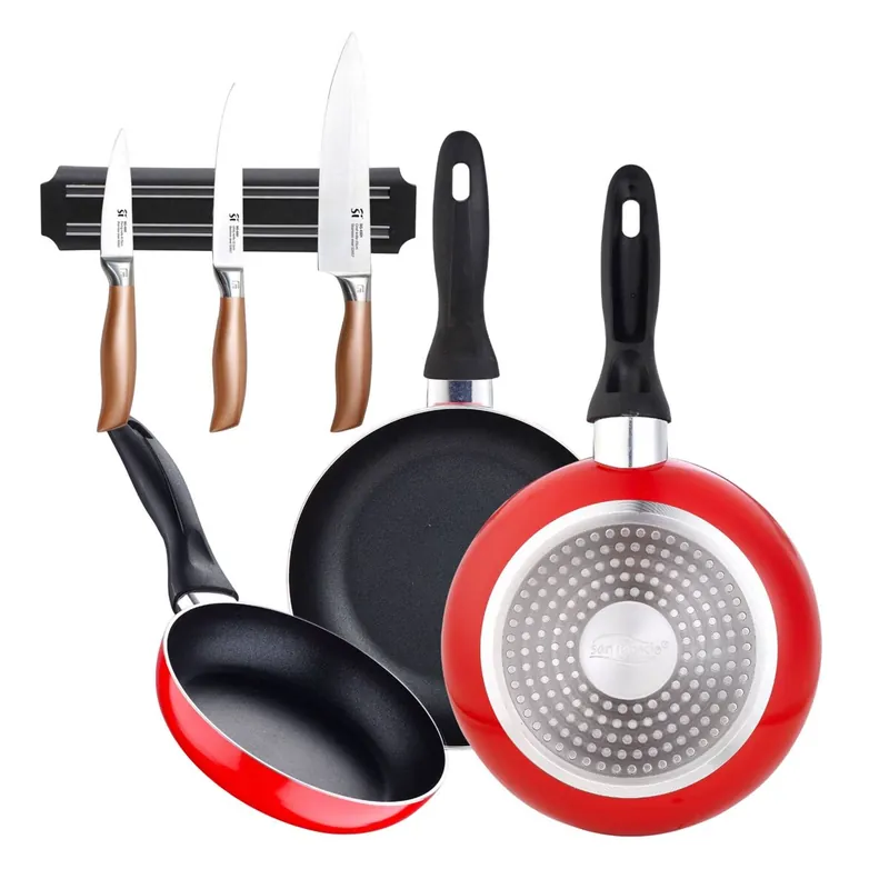 Juego de 3 sartenes San Ignacio 16/20/24 cm +Set de 3 Cuchillos en acero inoxidable con Soporte magnético de pared - Cocina