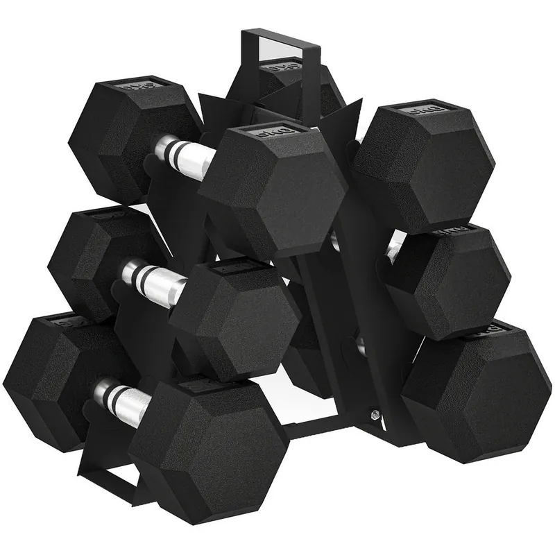 SPORTNOW Juego de Mancuernas de 6 Piezas 36 kg, Mancuernas Hexagonales 2x4kg, 2x6kg, 2x8kg, con Soporte de Almacenamiento y Mango Antideslizante para Entrenamiento en Casa Gimnasio, Negro - Deporte
