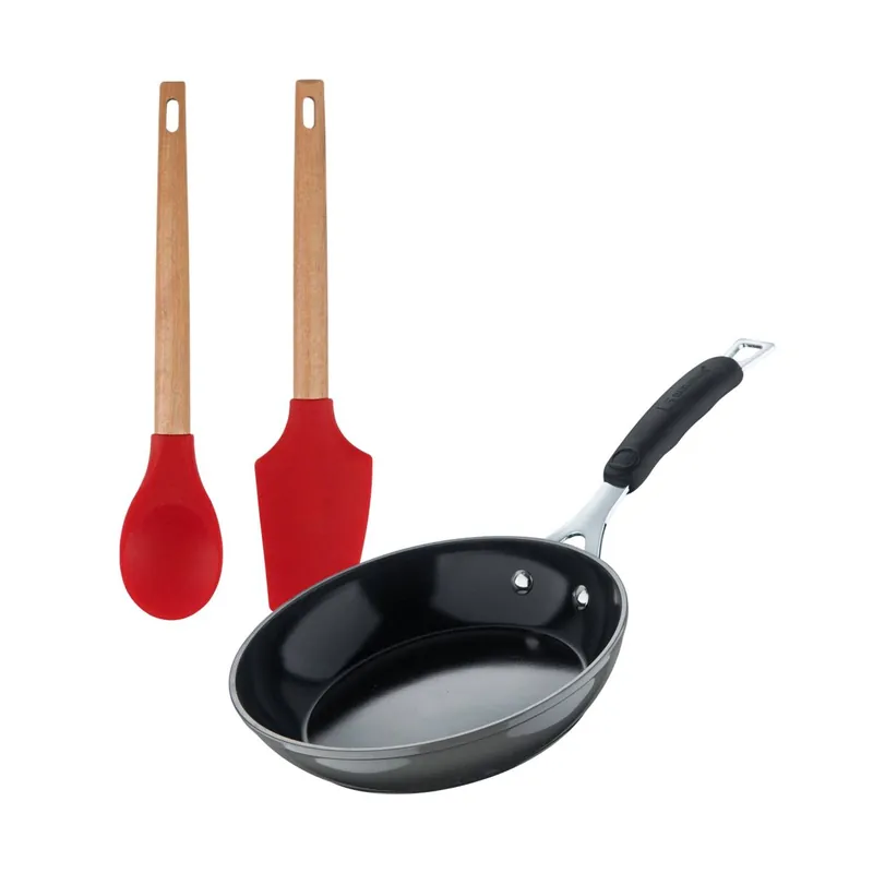 Juego de Sartén Ø24cm en aluminio forjado + 2 Utensilios de cocina - Cuchara y Espátula - de silicona y mango de madera EXCALIBUR Bergner