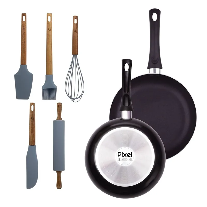 Juego de 2 Sartenes Ø20Ø24cm en aluminio prensado y antiadherente + Set de 5 Utensilios de cocina de silicona y madera PIXEL Chef Sauce