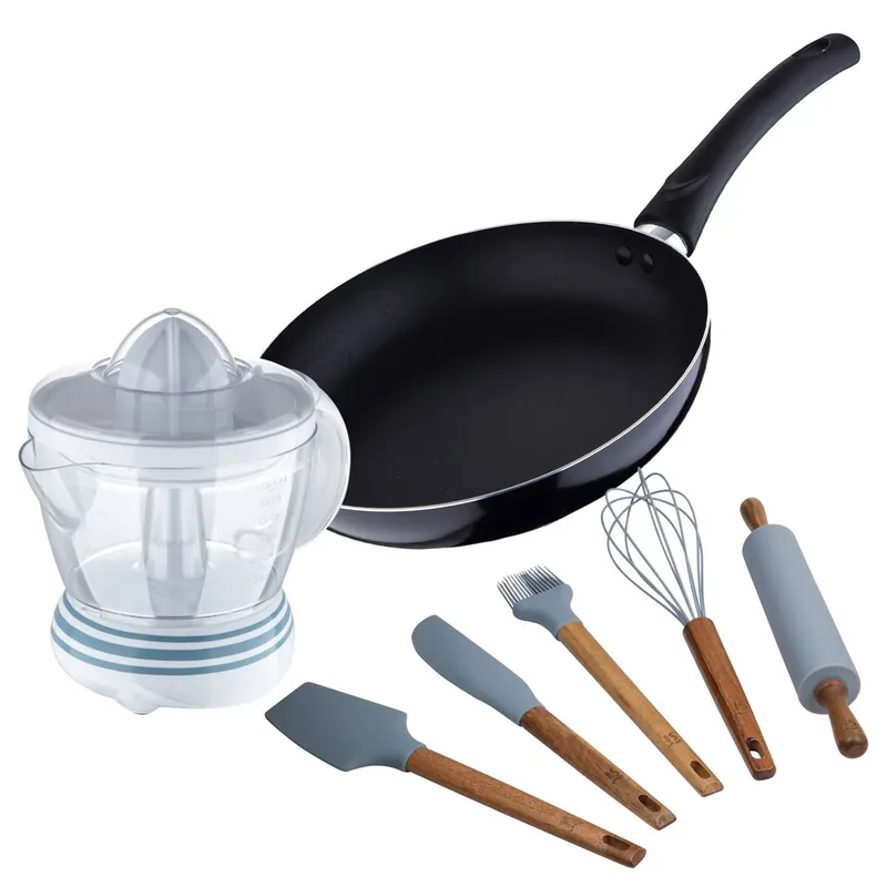Juego de Sartén Ø24x4,5cm aluminio prensado + Exprimidor de 40W de 1,2L + Set de 5 Utensilios de cocina en silicona PIXEL Chef Sauce
