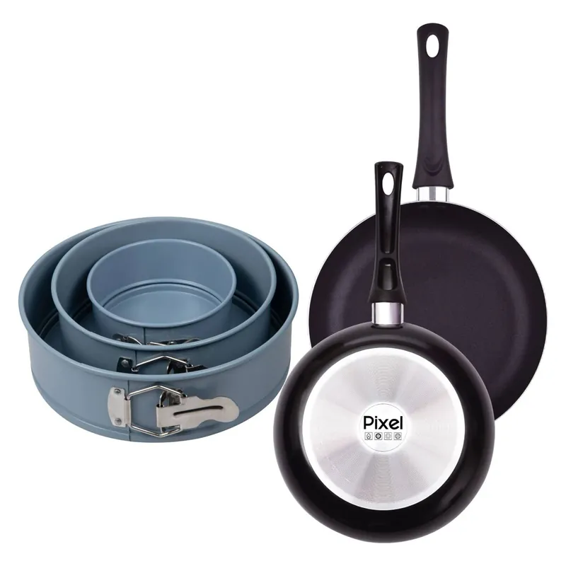 Juego de 2 Sartenes Ø20Ø24cm en aluminio prensado y antiadherente + Set de 3 Moldes de horno redondos Ø12Ø18Ø22cm PIXEL Chef Sauce - Cocina