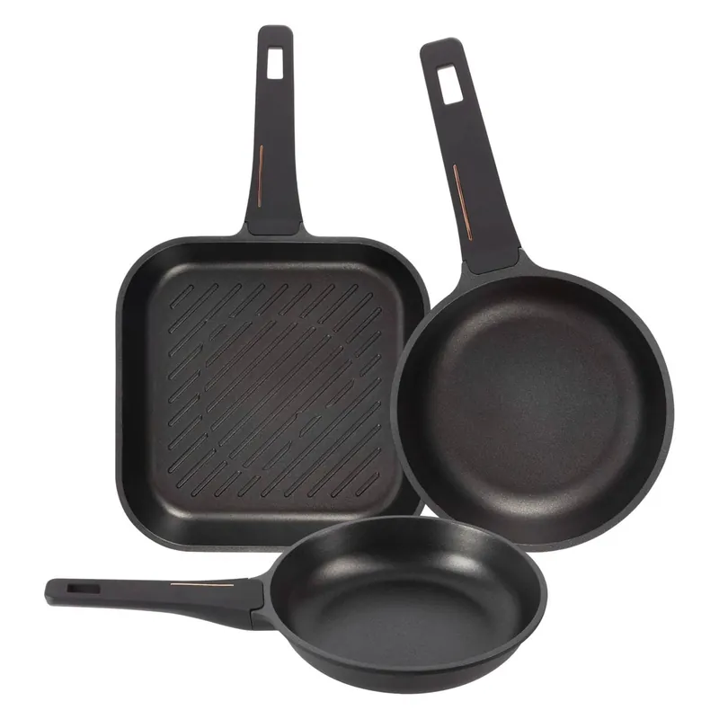 Juego de 2 Sartenes Ø24Ø28cm + Sartén Grill 28x28cm en aluminio fundido color Negro Copper Bergner - Cocina