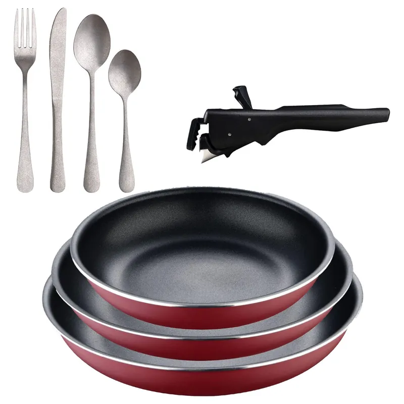 Bergner Click&Cook juego de 3 Sartenes Ø18Ø20Ø24cm Aluminio prensado rojo con Mango extraíble+Set de 16 Cubiertos en Acero Inoxidable - Cocina