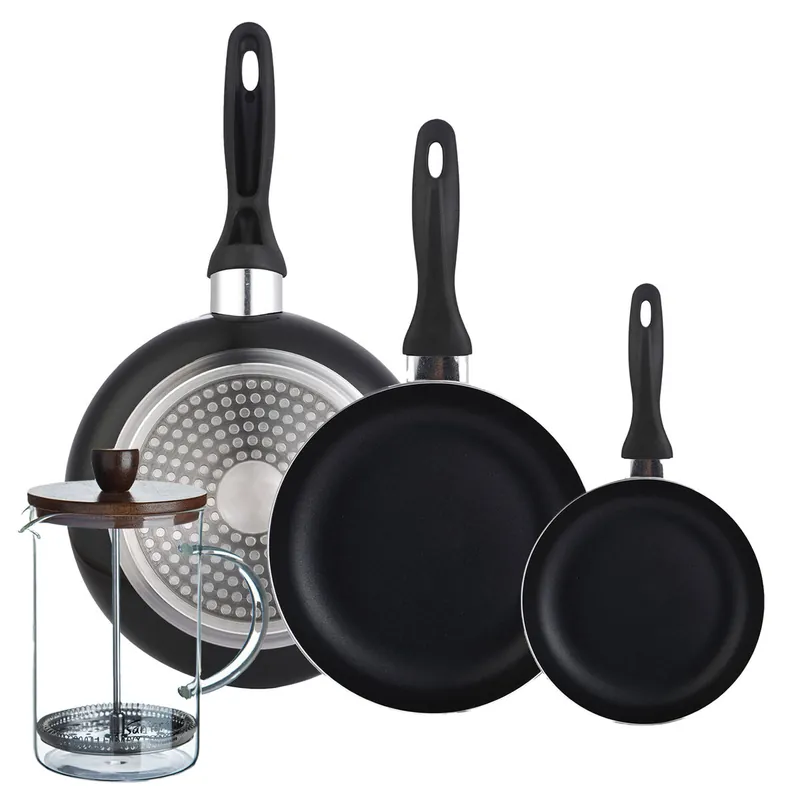 Set 3 sartenes Wellhome 16/20/24 aluminio prensado+Cafetera de émbolo de vidrio borosilicato 15,8x10x18,8cm - Cocina