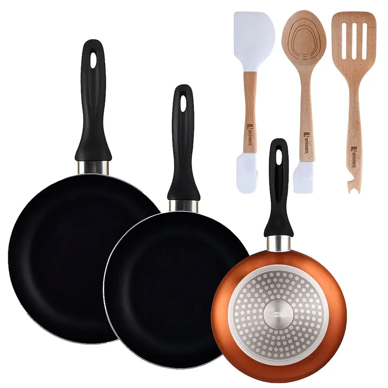 Well Home Set de 3 Sartenes Ø16Ø20Ø24cm de Aluminio prensado en Bronce metalizado+Juego de 3 Utensilios de cocina en silicona y madera