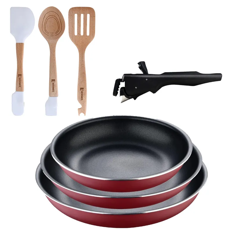 Bergner Click&Cook juego de 3 Sartenes Ø18Ø20Ø24cm Aluminio prensado rojo con Mango extraíble+Juego de 3 Utensilios de cocina en silicona y madera