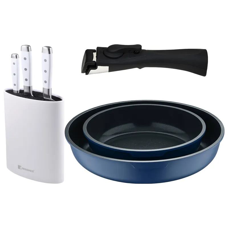 Bergner Click&Cook Juego de 2 Sartenes Ø22Ø26cm Aluminio fundido Azul con Mango desmontable+Juego de 3 Cuchillos de acero inoxidable con Tacoma - Cocina