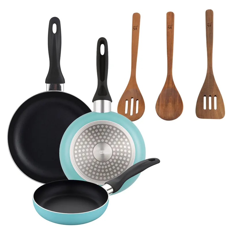 Well Home Set de 3 Sartenes Ø16Ø20Ø24cm de Aluminio prensado en Azul mate+Set 3pc utensilios cocina madera acacia