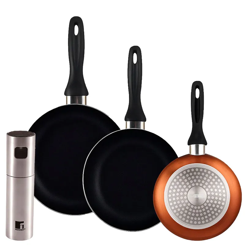 Well Home Set de 3 Sartenes Ø16Ø20Ø24cm de Aluminio prensado en Bronce metalizado+Pulverizador de Aceite y vinagre Ø4x17,5cm en acero inoxidable - Cocina