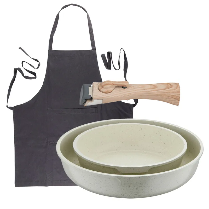 Bergner Click&Cook Juego de 2 Sartenes Ø22Ø26cm Aluminio fundido Blanco con Mango desmontable+Delantal de Cocina Gris oscuro 100% Algodón 75x80cm