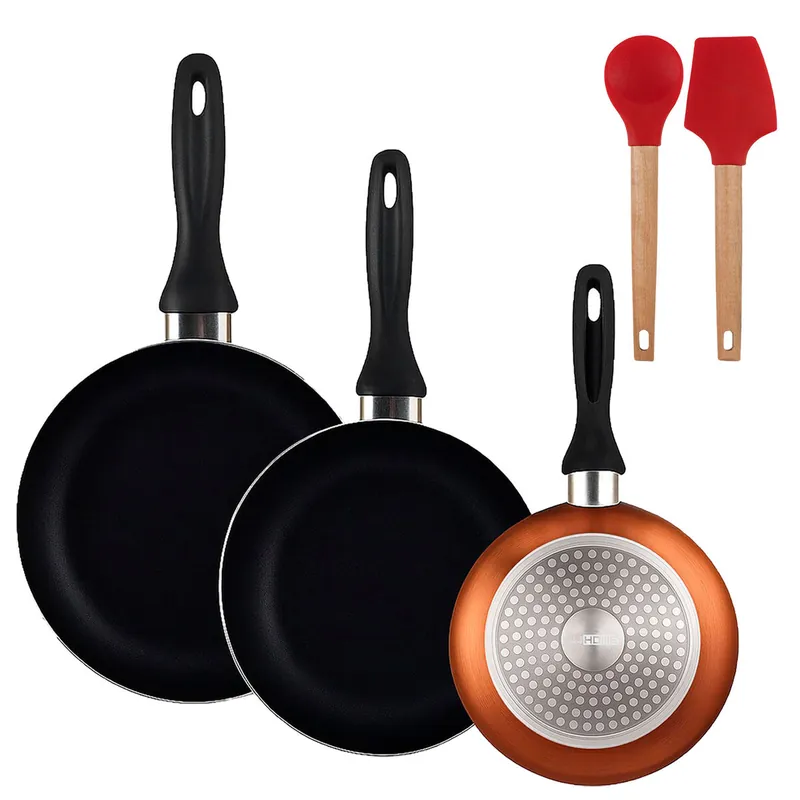 Well Home Set de 3 Sartenes Ø16Ø20Ø24cm de Aluminio prensado en Bronce metalizado+Juego de 2 utensilios de cocina de silicona