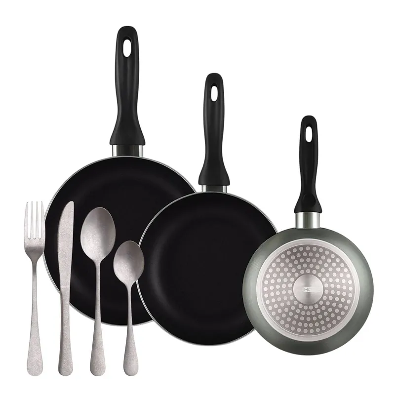 Well Home Set de 3 Sartenes Ø16Ø20Ø24cm de Aluminio prensado en Gris metalizado+Set de 16 Cubiertos en Acero Inoxidable - Cocina