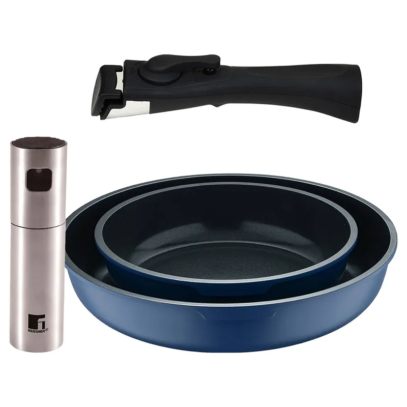 Bergner Click&Cook Juego de 2 Sartenes Ø22Ø26cm Aluminio fundido Azul con Mango desmontable+Pulverizador de Aceite y vinagre en acero inoxidable - Cocina