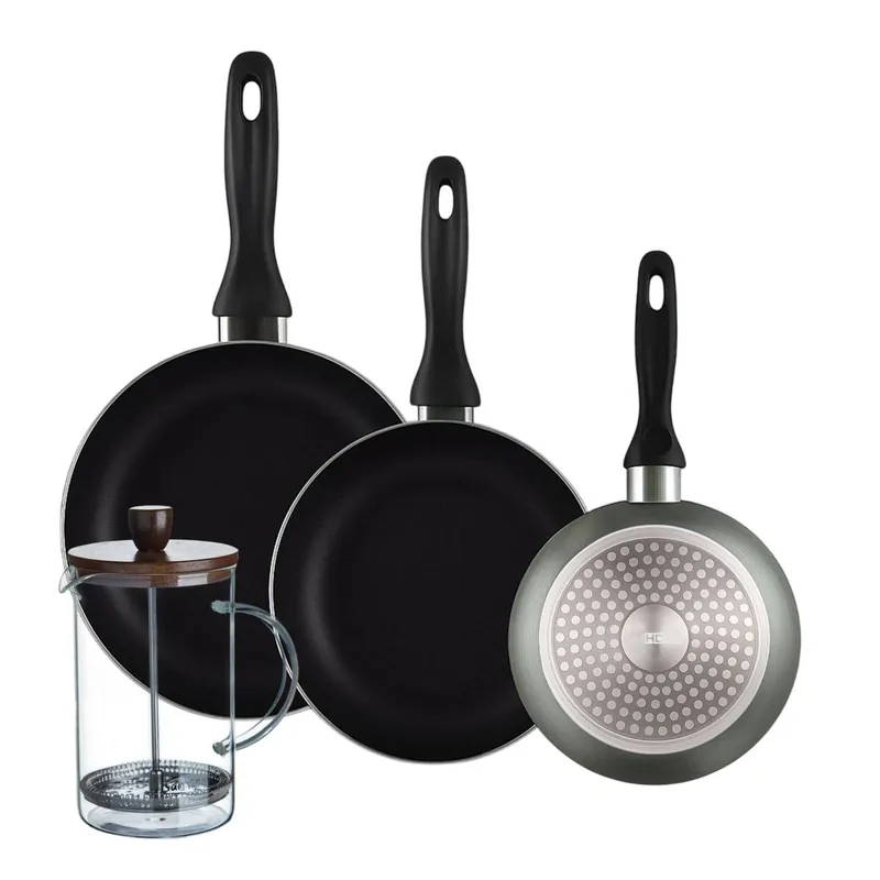Well Home Set de 3 Sartenes Ø16Ø20Ø24cm de Aluminio prensado en Gris metalizado+Cafetera de émbolo de vidrio borosilicato 15,8x10x18,8cm - Cocina