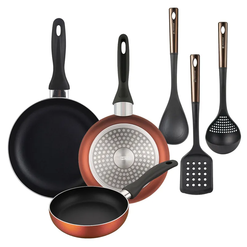 Well Home Set de 3 Sartenes Ø16Ø20Ø24cm de Aluminio prensado en Cobre metalizado+ Set de 3 Utensilios de cocina de PBT negro y cobre