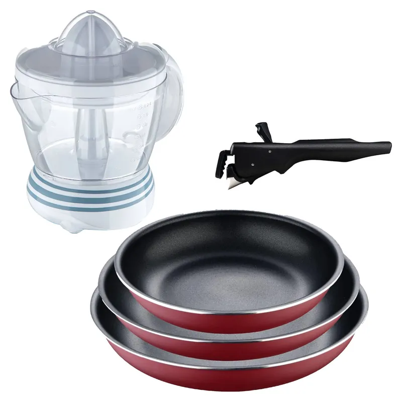 Bergner Click&Cook juego de 3 Sartenes Ø18Ø20Ø24cm Aluminio prensado rojo con Mango extraíble+Exprimidor de 40W de Potencia - Capacidad de 1.2 Litros