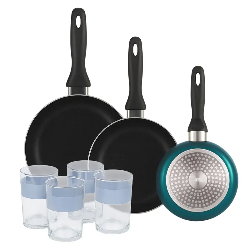 Well Home Set de 3 Sartenes Ø16Ø20Ø24cm de Aluminio prensado en Azul metalizado+Juego de 4 Vasos de 0,5L - Cocina