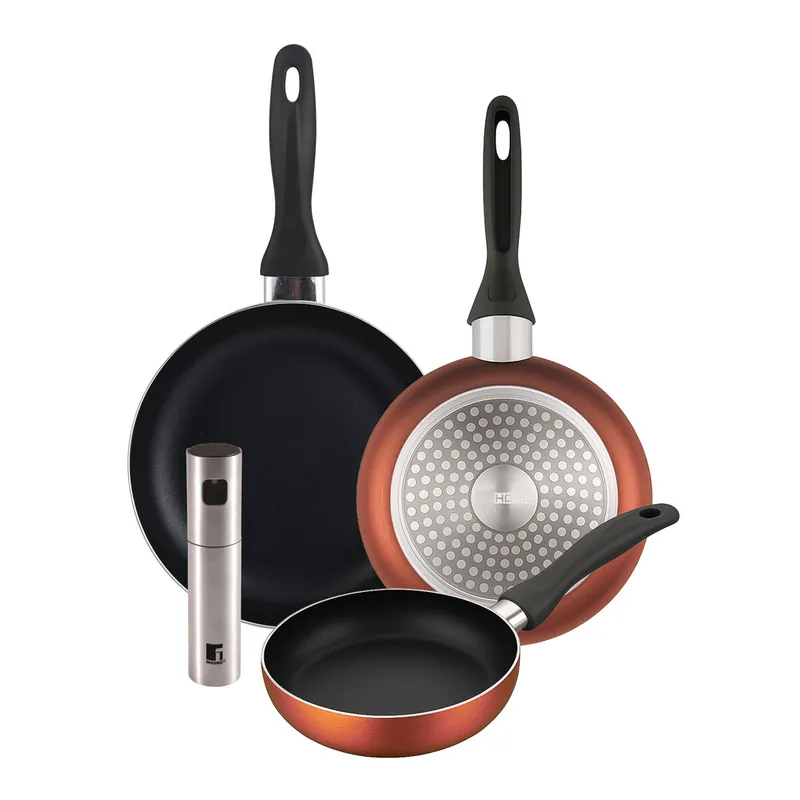 Well Home Set de 3 Sartenes Ø16Ø20Ø24cm de Aluminio prensado en Cobre metalizado+Pulverizador de Aceite y vinagre Ø4x17,5cm en acero inoxidable - Cocina